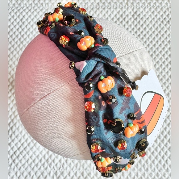 New Halloween Blue w/ Rhinestones Pumpkin Bat Fabric Adult Size Knotted Headband - Picture 2 of 9